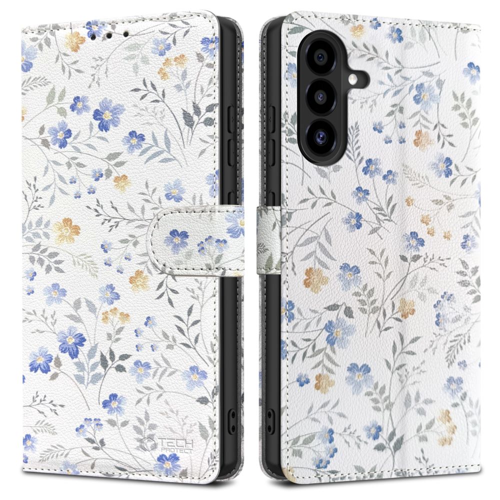 Gėlių atverčiamas dėklas Samsung Galaxy A17 4G 5G Tech-Protect Wallet Gėlių atverčiamas dėklas Samsung Galaxy A17 4G 5G Tech-Protect Wallet su mėlynais ir geltonais gėlių motyvais