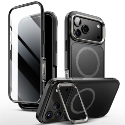Juodas dėklas Apple Iphone 17 Pro SUPCASE IBLSN ARES FLIP MAG MAGSAFE su plonu metaliniu rėmeliu ir skaidriu priekiu