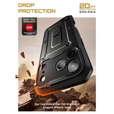 Juodas dėklas Apple Iphone 17 Pro SUPCASE UB PRO su tvirtomis kampų apsaugomis ir kamera.
