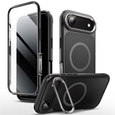 Juodas dėklas Apple Iphone 17 Air SUPCASE IBLSN ARES FLIP MAG MAGSAFE su permatomu priekiu ir metalo stoveliu