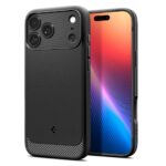 Juodas matinis dėklas Apple Iphone 17 Pro Max Spigen Rugged Armor MagSafe su anglies pluošto raštu