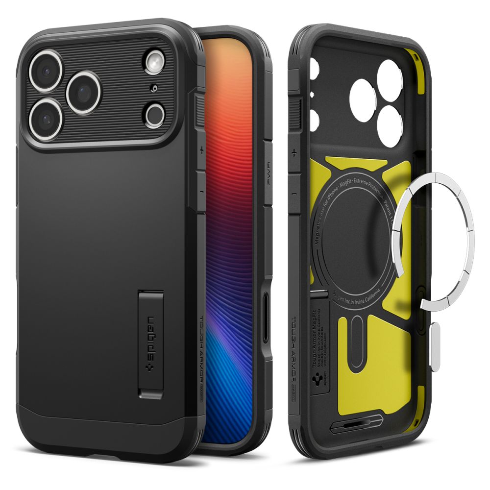 Juodas dėklas Apple Iphone 17 Pro Max Spigen Tough Armor T Magsafe Juodas dėklas Apple Iphone 17 Pro Max Spigen Tough Armor T Magsafe matomas iš priekio, užpakalio ir vidaus