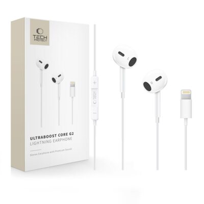 Baltos laidinės ausinės TECH-PROTECT ULTRABOOST LIGHTNING EARPHONE CORE G2 su valdymo mygtukais
