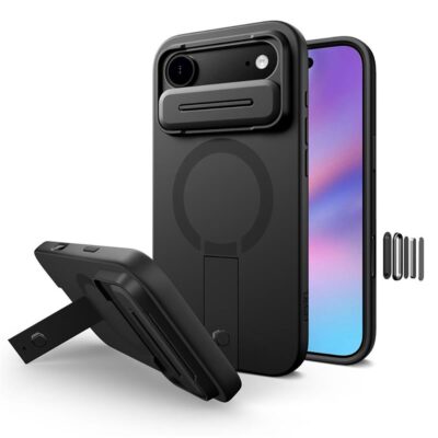 Juodas dėklas Apple iPhone 17 Air Tech-Protect Kevlar Aura Magsafe su stovu ir kameros apsauga
