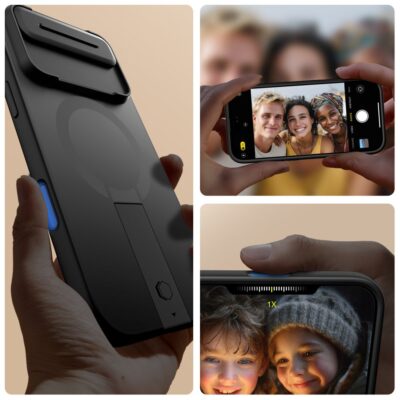 Juodas dėklas Apple Iphone 17 Air Tech-Protect Kevlar Aura Magsafe su mėlynu mygtuku ir kamera