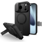 Juodas dėklas Apple Iphone 17 Pro Tech-Protect Kevlar Aura Magsafe su kamera apsauga ir stoveliu