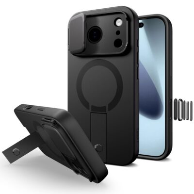 Juodas dėklas Apple Iphone 17 Pro Tech-Protect Kevlar Aura Magsafe su kamera apsauga ir stoveliu