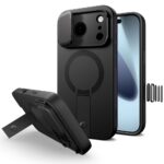 Juodas dėklas Apple Iphone 17 Pro Max Tech-Protect Kevlar Aura Magsafe su kamerų apsauga ir stoveliu