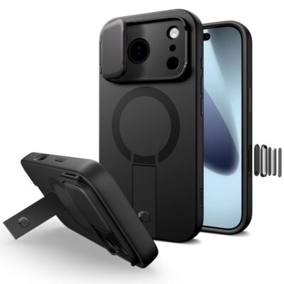 Juodas dėklas Apple Iphone 17 Pro Max Tech-Protect Kevlar Aura Magsafe su kamerų apsauga ir stoveliu