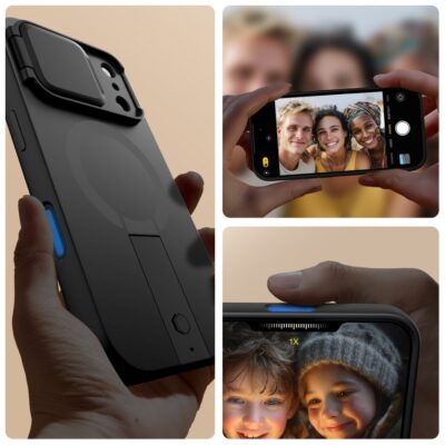 Juodas dėklas Apple Iphone 17 Pro Max Tech-Protect Kevlar Aura Magsafe su apsauga kamerai ir mėlynu mygtuku