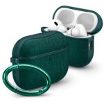 tamsiai zalia tekstiline dangtelio deklas apple airpods 3 pro spigen urban fit su metalu zalios spalvos karabinu