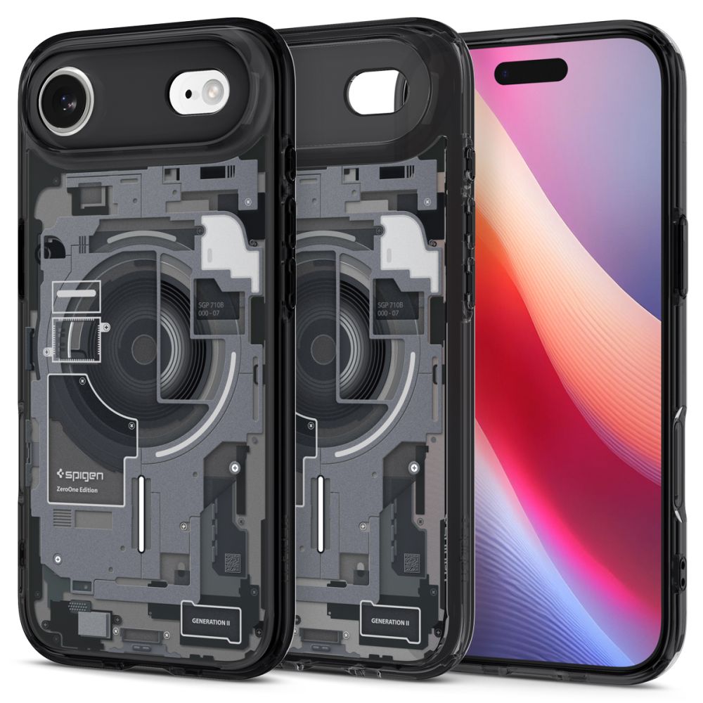 Juodas zero one dėklas Apple Iphone 17 Air Spigen Ultra Hybrid Mag Magsafe Juodas zero one dėklas Apple Iphone 17 Air su matomu mechanizmo dizainu iš skaidraus juodo plastiko