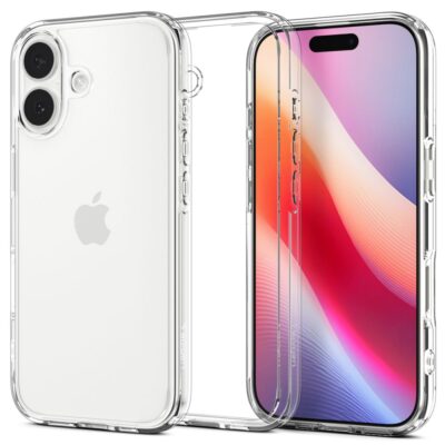 Skaidrus dėklas Apple Iphone 17 Spigen Ultra Hybrid, matomas iš priekio ir nugaros pusės