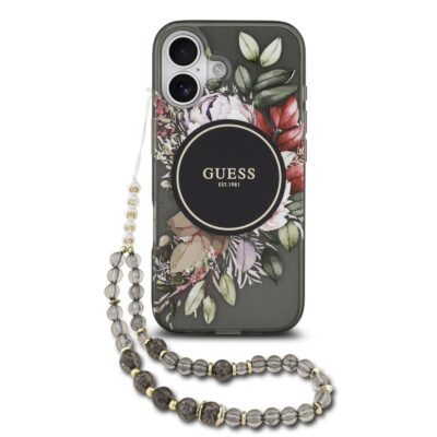 Juodas originalus dėklas Guess IML Flowers Strap MagSafe telefonui Apple Iphone 17 su gėlių raštu ir karoliukų dirželiu