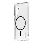 Skaidrus dėklas Samsung Galaxy S25 OBALME MagNetix Limpid su juodu magneto ženklo piešiniu
