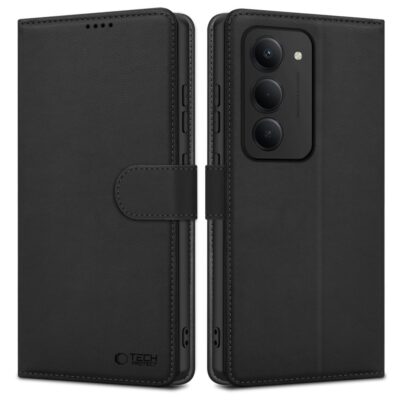 Juodas atverčiamas dėklas Xiaomi Redmi 15 4G 5G Tech-Protect Wallet matomas iš priekio ir iš nugarėlės