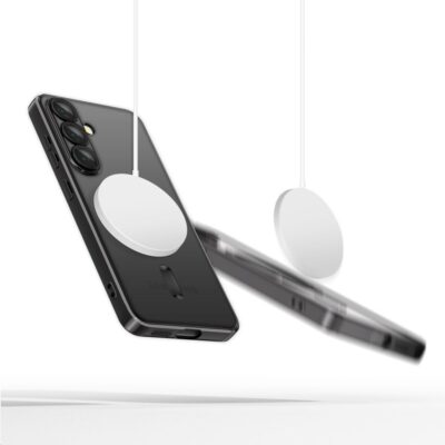 Mėlynas dėklas Samsung Galaxy A17 4G 5G Tech-Protect Magflex Magsafe prie juodo telefono su magnetiniu įkrovikliu