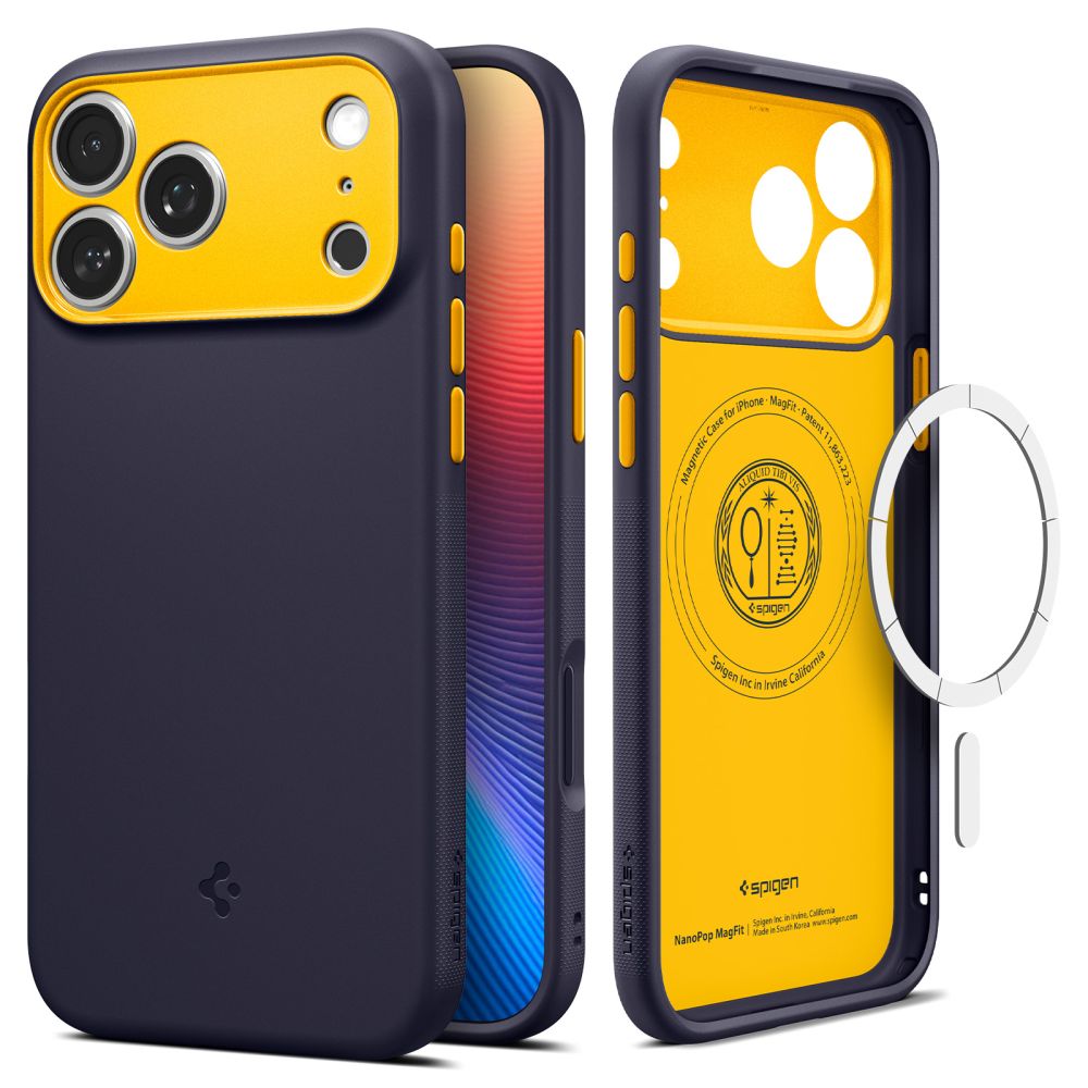 Tamsiai mėlynas dėklas Spigen Nano Pop Mag Magsafe Tamsiai mėlynas dėklas Apple Iphone 17 Pro Max Spigen Nano Pop Mag Magsafe su geltonomis detalėmis