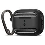 Juodas matinis dėklas Apple Airpods 3 Pro Spigen Rugged Armor su anglies pluošto raštu ir karabinu