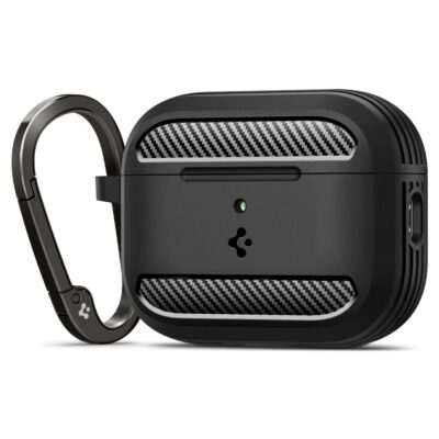 Juodas matinis dėklas Apple Airpods 3 Pro Spigen Rugged Armor su anglies pluošto raštu ir karabinu