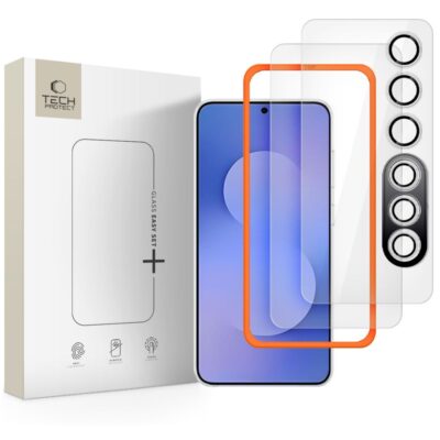 Ekrano ir kameros apsauginis stiklas Samsung Galaxy S25 FE Tech-Protect Easy Set 3-Pack su skaidriais stiklais ir oranžiniu montavimo rėmeliu