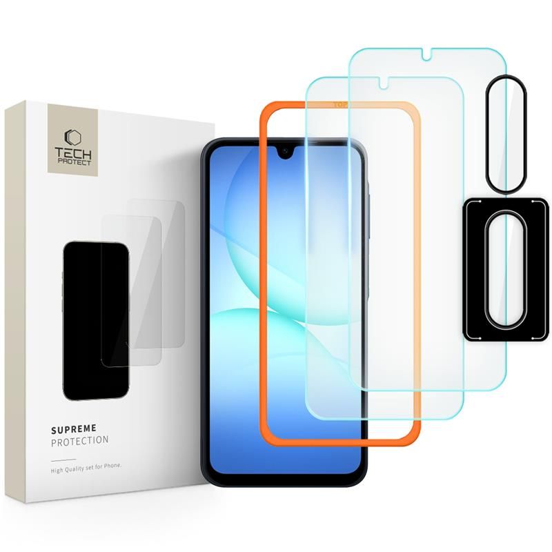 Ekrano ir kameros apsauginis stiklas Samsung Galaxy A17 4G 5G Tech-Protect Easy Set 3-Pack Ekrano ir kameros apsauginis stiklas Samsung Galaxy A17 4G 5G Tech-Protect Easy Set 3-Pack su dviem apsauginiais stiklais ir priedais.