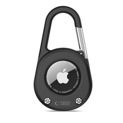 Juodas dėklas Apple Airtag 1 2 TECH-PROTECT SLIDELOCK CARABINER KEYCHAIN su metaliniu karabinu