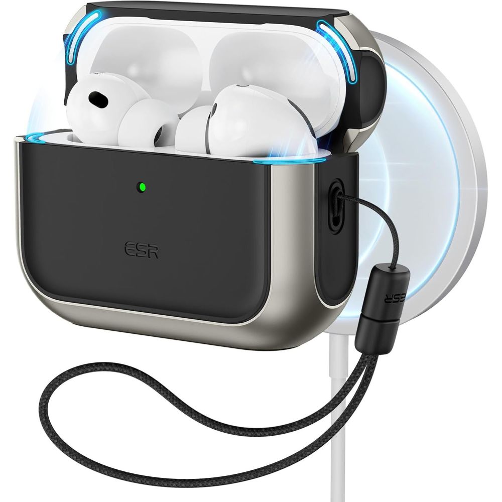 Titano spalvos dėklas Apple Airpods Pro 3 Esr Orbit Halolock Magsafe Titano spalvos dėklas Apple Airpods Pro 3 su atidarytu dangteliu ir matomais ausinėlių kontūrais