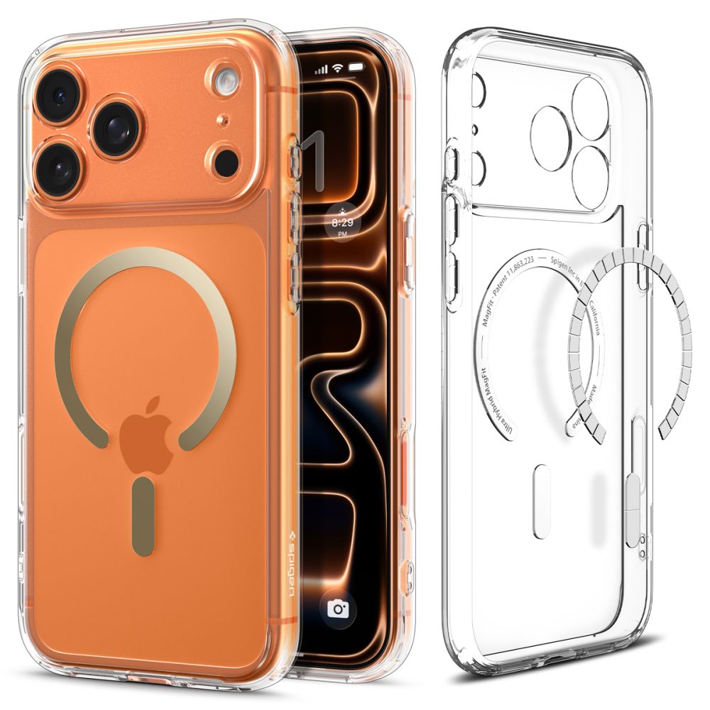 Skaidrus-auksinis dėklas Apple Iphone 17 Pro Spigen Ultra Hybrid Mag Magsafe Skaidrus-auksinis dėklas Apple Iphone 17 Pro Spigen Ultra Hybrid Mag Magsafe su matoma auksine Magsafe magnetinio tvirtinimo dalimi