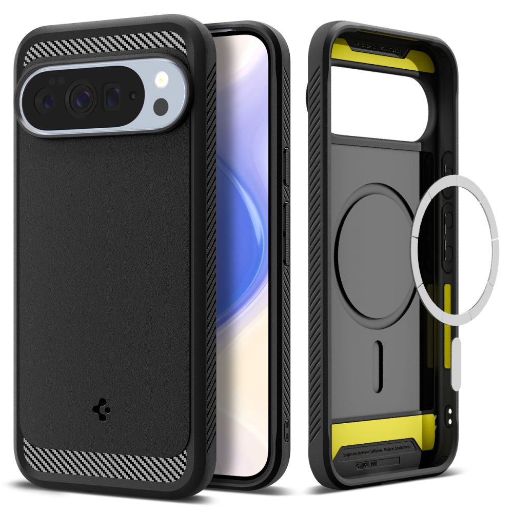 Juodas matinis dėklas Google Pixel 10 Pro XL Spigen Rugged Armor MagSafe Juodas matinis dėklas Google Pixel 10 Pro XL su anglies pluošto raštu ir MagSafe žiedu