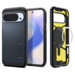 Metalo spalvos dėklas Google Pixel 10 Pro XL Spigen Tough Armor Magsafe su mėlyna išorine dalimi ir geltona vidine dalimi