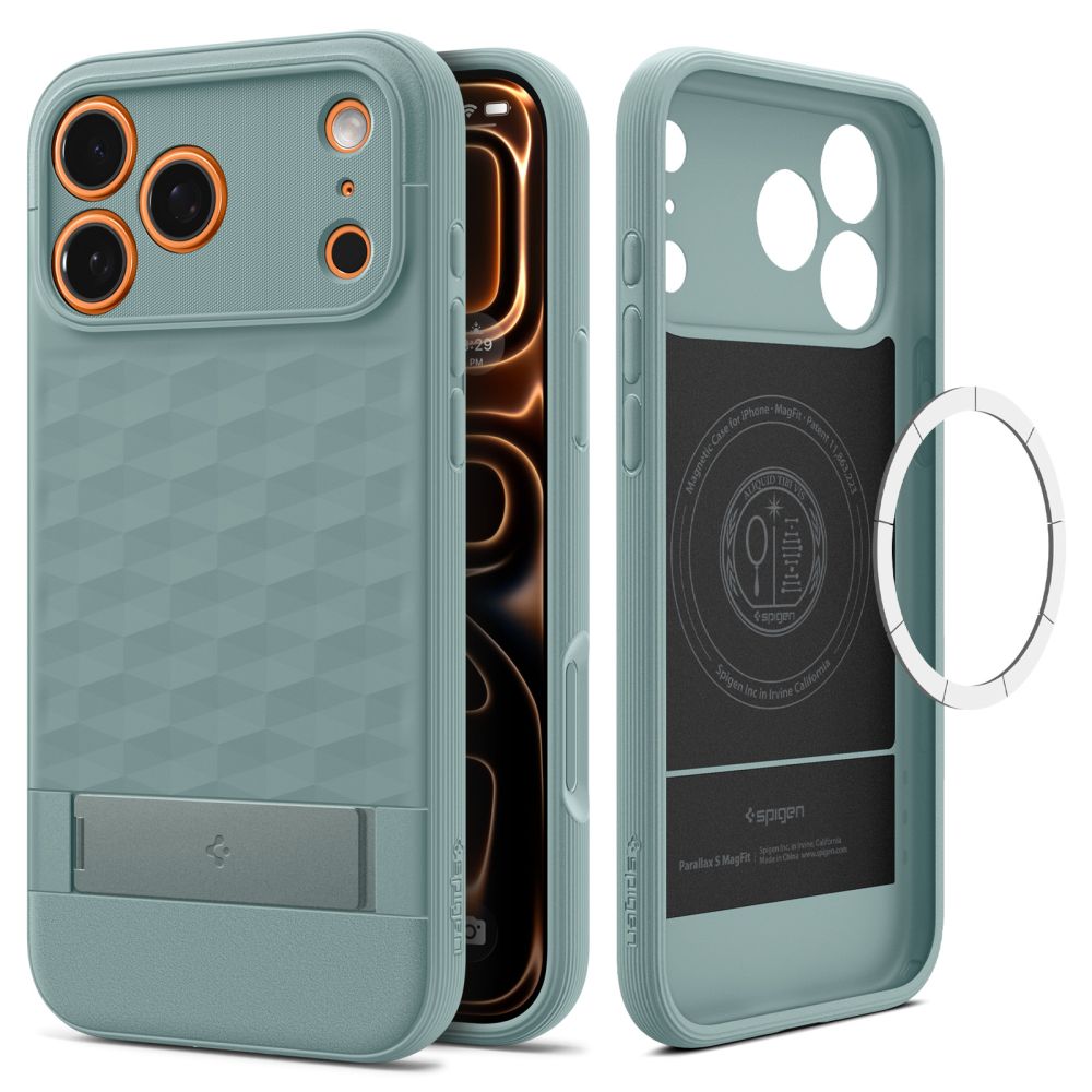 Žalias dėklas Apple Iphone 17 Pro Max Spigen Parallax S Mag Magsafe Žalias dėklas Apple Iphone 17 Pro Max Spigen Parallax S Mag Magsafe su tekstūru ir magnetiniu laikikliu