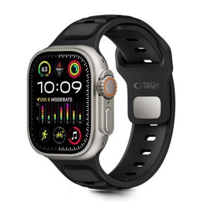 Juoda apyrankė Apple Watch su Tech-Protect Iconband Line logotipu ir užsegimu
