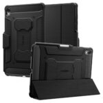 Juodas dėklas Samsung Galaxy Tab S11 11.0 X730 X7366 Spigen Rugged Armor, rodomas iš kelių kampų