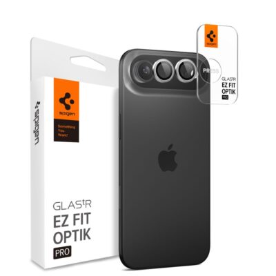 Sidabrinis apsauginis stiklas galiniai kamerai Apple Iphone Air Spigen Optik Ez Fit 2-Pack ant juodo telefono
