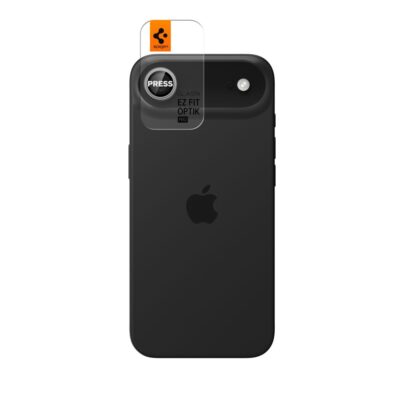 Sidabrinis apsauginis stiklas galinei kamerai Apple Iphone Air Spigen Optik Ez Fit 2-Pack ant juodo telefono.