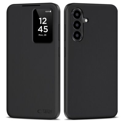 juodas matinis atverciamas deklas samsung galaxy a26 5g a17 4g 5g tech-protect smart wallet su mazu langu ekrano laiko rodymui