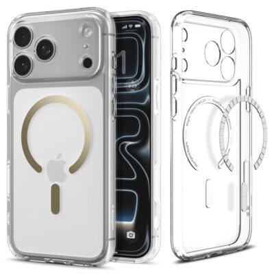 Skaidrus-auksinis dėklas Apple iPhone 17 Pro Max Spigen Ultra Hybrid Mag Magsafe su matomomis auksinėmis detalėmis