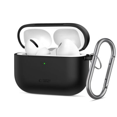 Juodas dėklas Apple Airpods Pro 3 Tech-Protect Silicone Hook su kabliu ir atidarytu dangteliu