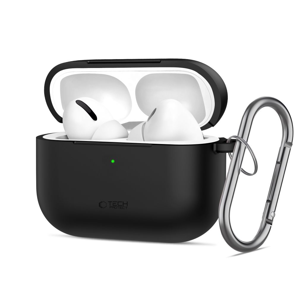 Juodas dėklas Apple Airpods Pro 3 Tech-Protect Silicone Hook Juodas dėklas Apple Airpods Pro 3 Tech-Protect Silicone Hook su kabliu ir atidarytu dangteliu