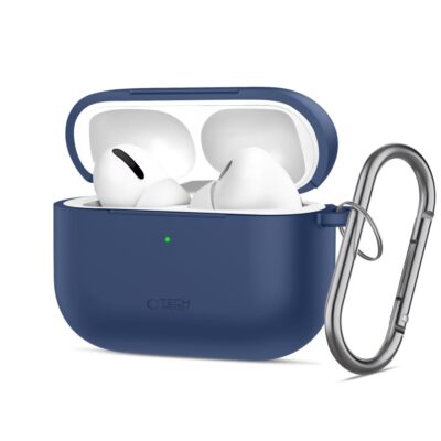 tamsiai melynas deklas apple airpods pro 3 tech-protect silicone hook su ausinem ir kabliu
