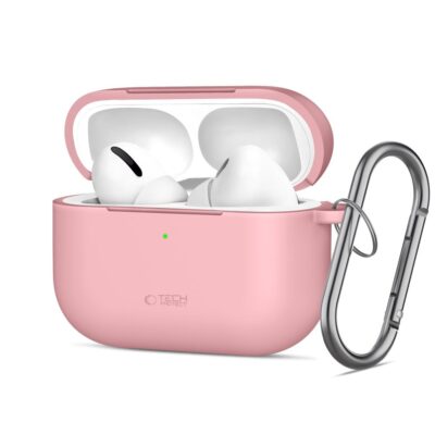 Rožinis dėklas Apple Airpods Pro 3 Tech-Protect Silicone Hook su kabliu atviras