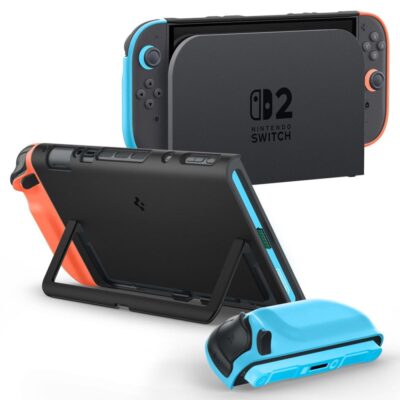 Specialaus leidimo dėklas Nintendo Switch 2 Spigen Nano Pop juodos spalvos su mėlynais ir oranžiniais akcentais