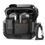 Juodas dėklas Samsung Galaxy Buds 3 su anglies pluošto raštu ir metaliniu karabinu