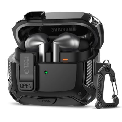 Juodas dėklas Samsung Galaxy Buds 3 su anglies pluošto raštu ir metaliniu karabinu