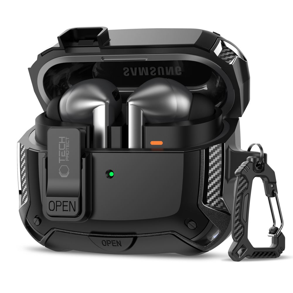Juodas dėklas Samsung Galaxy Buds 3 TECH-PROTECT CARBONOX MAGSAFE Juodas dėklas Samsung Galaxy Buds 3 su anglies pluošto raštu ir metaliniu karabinu