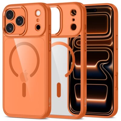 Oranžinis-skaidrus dėklas Apple Iphone 17 Pro Tech-Protect Magmat Magsafe su magnetiniu žiedu ir kamerų apsauga