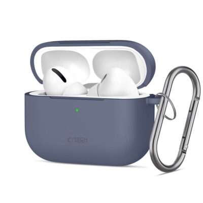 Mėlynas dėklas Apple Airpods Pro 3 Tech-Protect Silicone Hook su metaliniu kabliuku atidarytu dangteliu