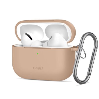 Caffe Latte dėklas Apple Airpods Pro 3 Tech-Protect Silicone Hook su įstatytais ausinėmis ir metaliniu karabinu