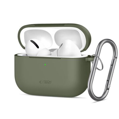 Olive dėklas Apple Airpods Pro 3 Tech-Protect Silicone Hook su ausinėmis ir metaliniu karabinu